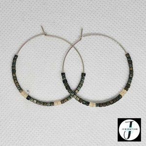 Silver Hoop Earrings with Japanese Style Green Seed Beads